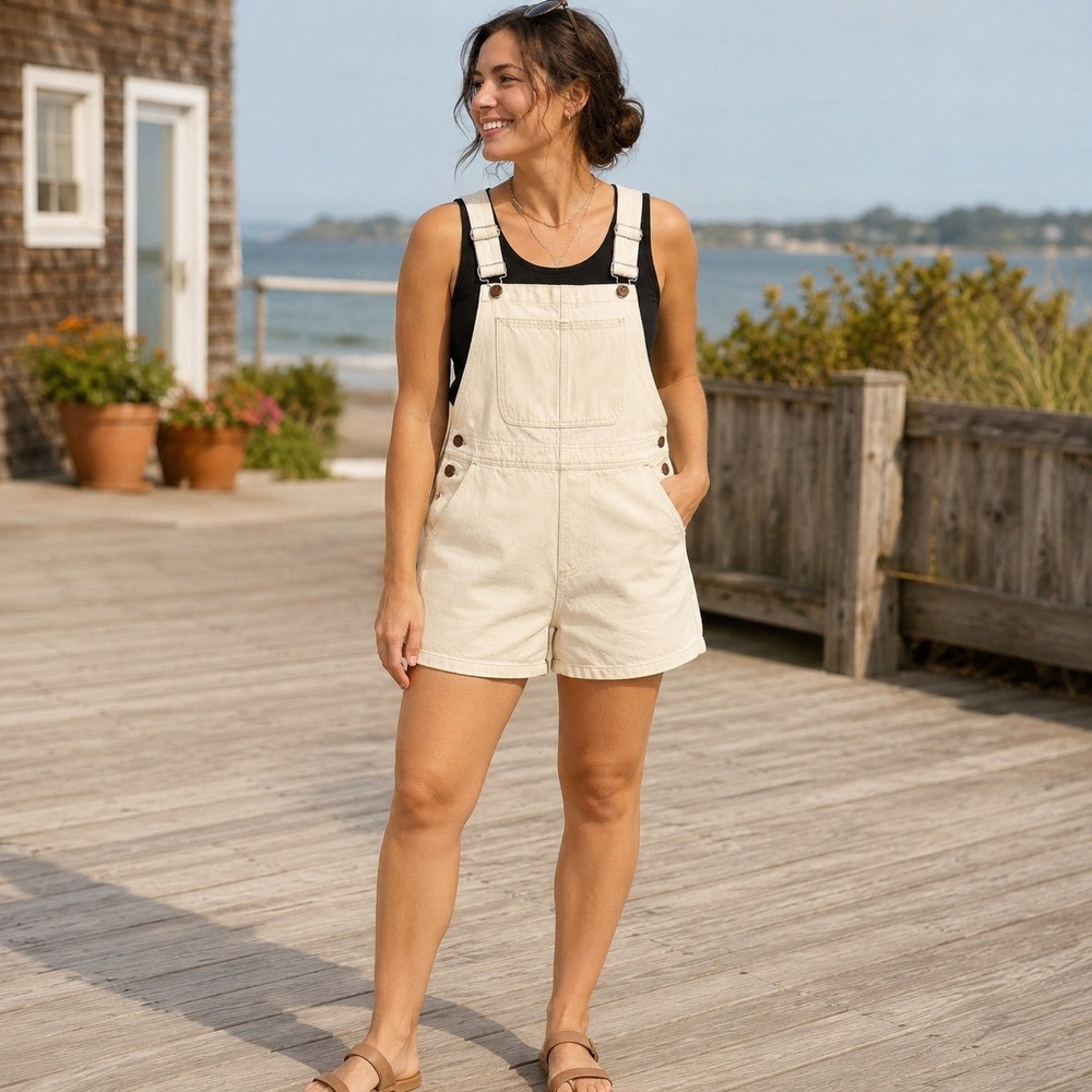 Madewell Denim Short Overalls Ecru Off-White Cotton Bib Romper Womens Size M